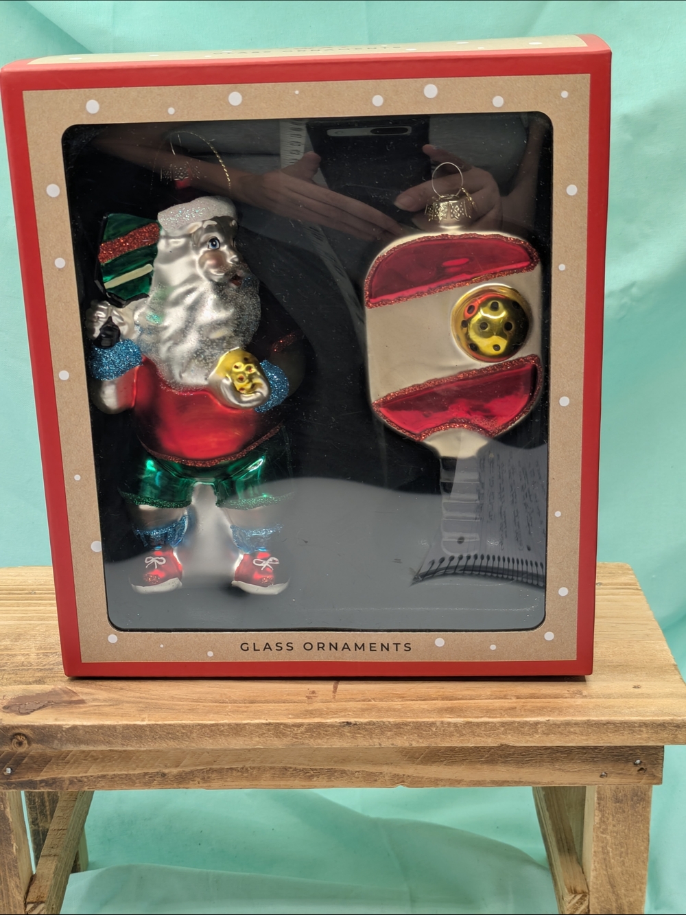 Holiday Santa Playing Pickleball & Pickleball Glass Ornament Set New